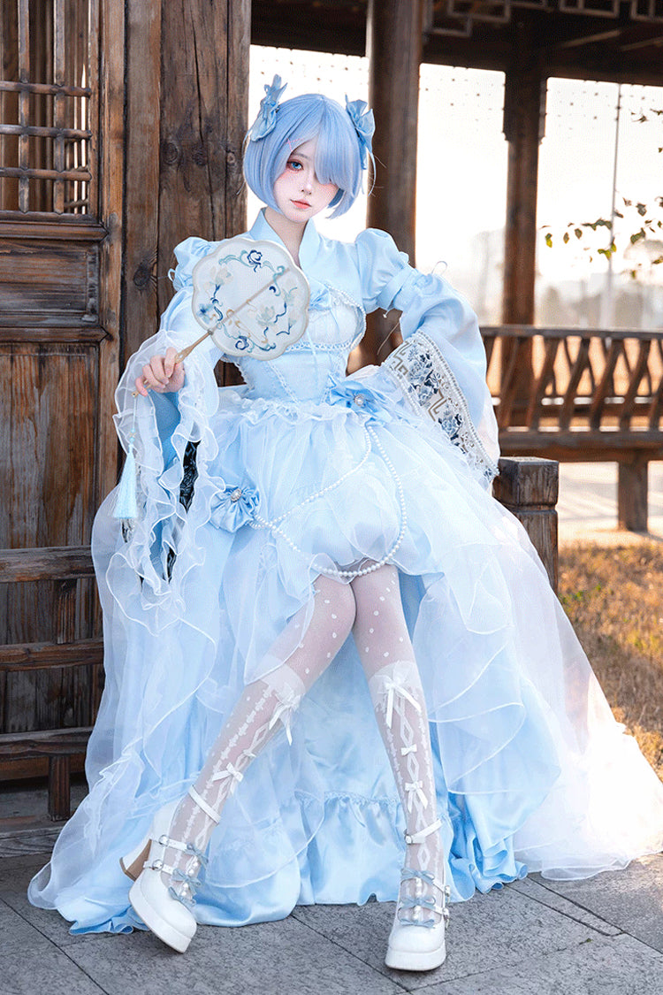 Cerulean and Ivory Porcelain Printed Ruffled Bow Lace High-Low Sweet Plus Size Lolita JSK Long Version