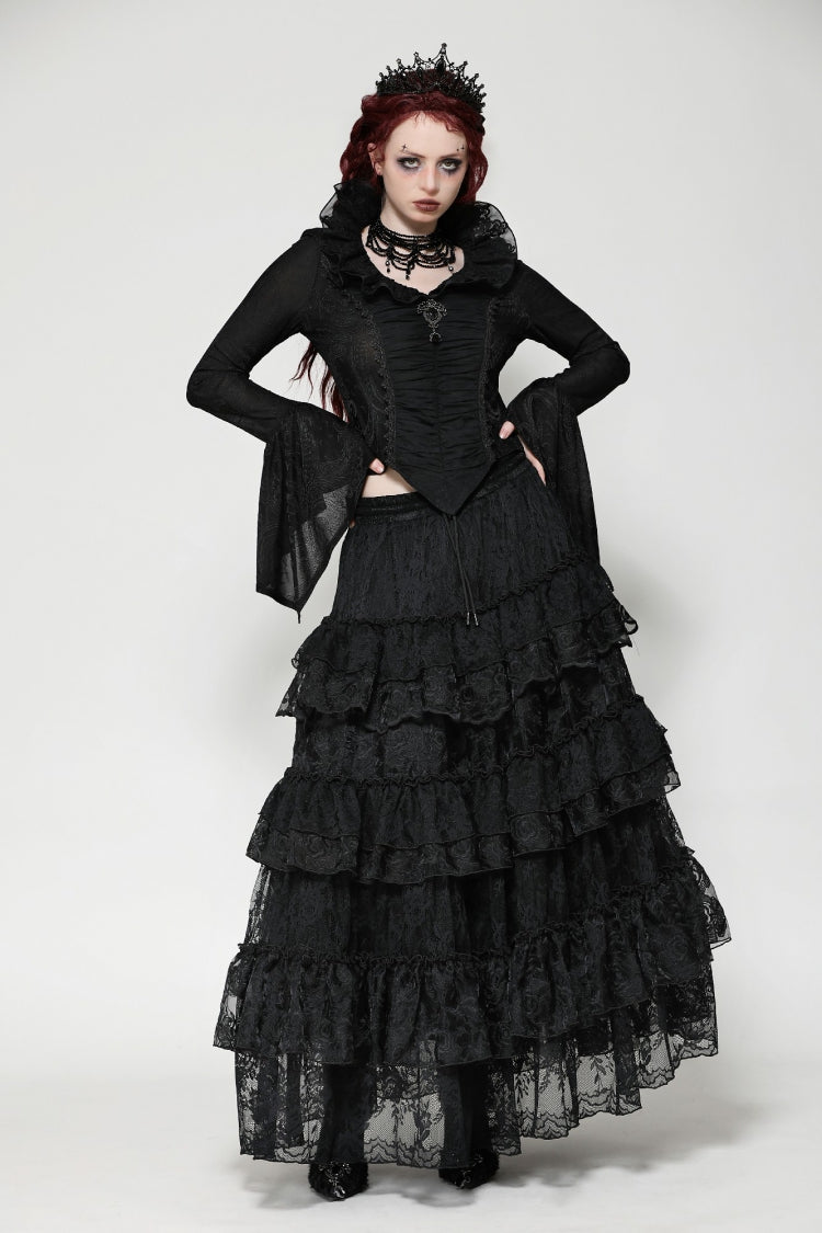 Ruffled V Stand Collar Long Flared Sleeve Jacquard Gothic Blouse for Women Lace