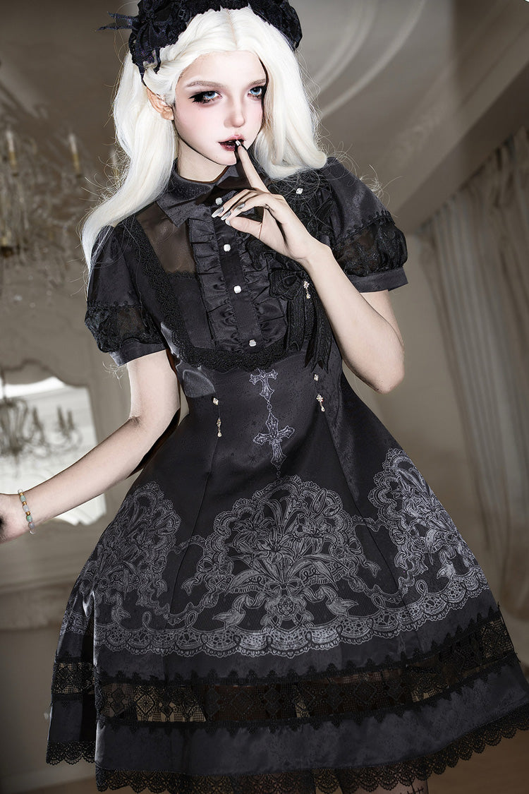 Black Classic Gothic Dress with Embroidered Lace