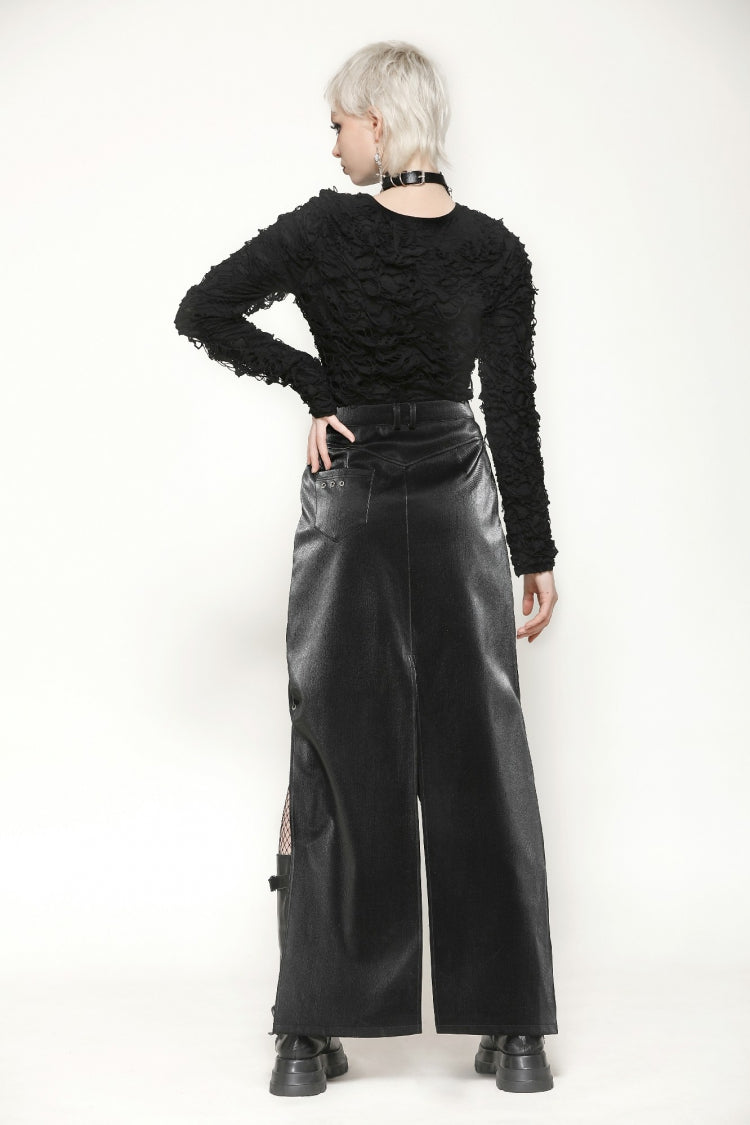 Coal Leather Skirt with Buckle Accents and Side Slit