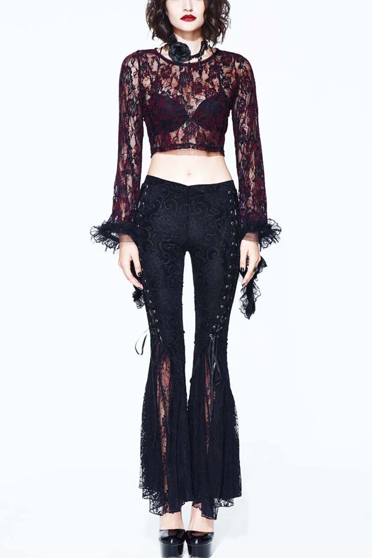 Lace-Up Flared Velveteen Gothic Pants with Pattern