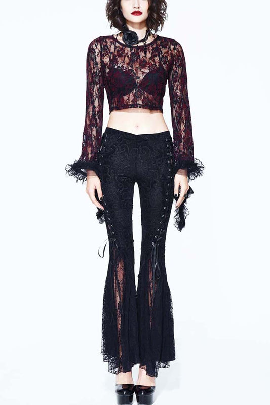 Lace-Up Flared Velveteen Gothic Pants with Pattern