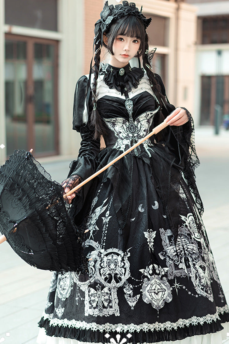 Black Feast of Bones Printed Ruffled Bow Lace Gothic Elegant Long Dress