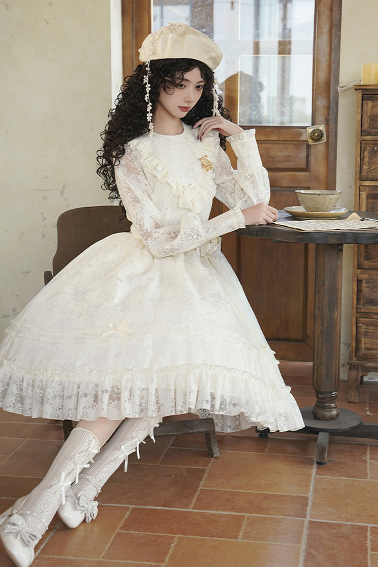 Cream Flower Sound Long Sleeve Frilled Cardigan Bow Lace Sweet Lolita Dress
