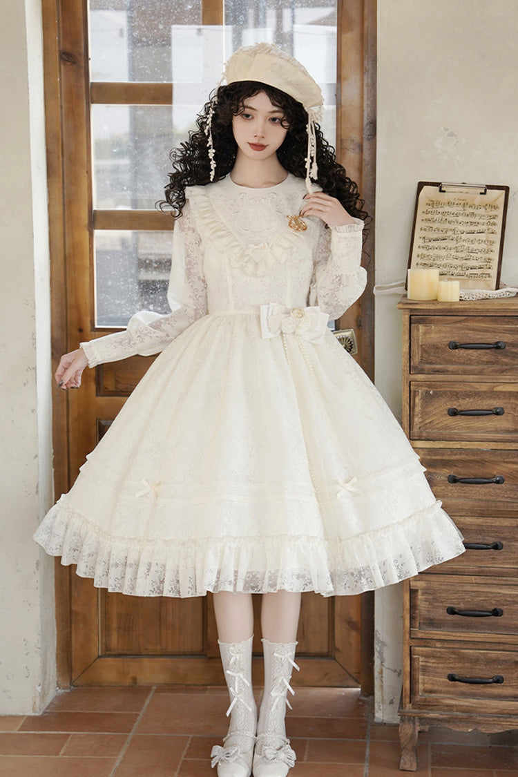 Cream Flower Sound Long Sleeve Frilled Cardigan Bow Lace Sweet Lolita Dress