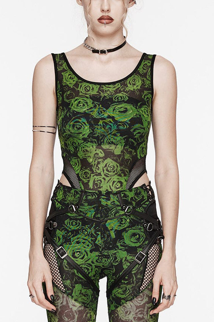 Sleeveless Lace Mesh Sheer Steampunk Bodysuit with Print