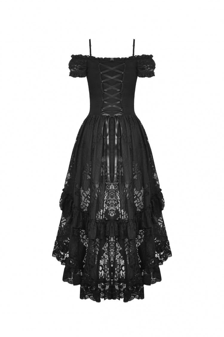 Black Boat Neck Off-Shoulder Short Puff Sleeve Ruffled Lace Lace-Up Irregular Gothic Dress