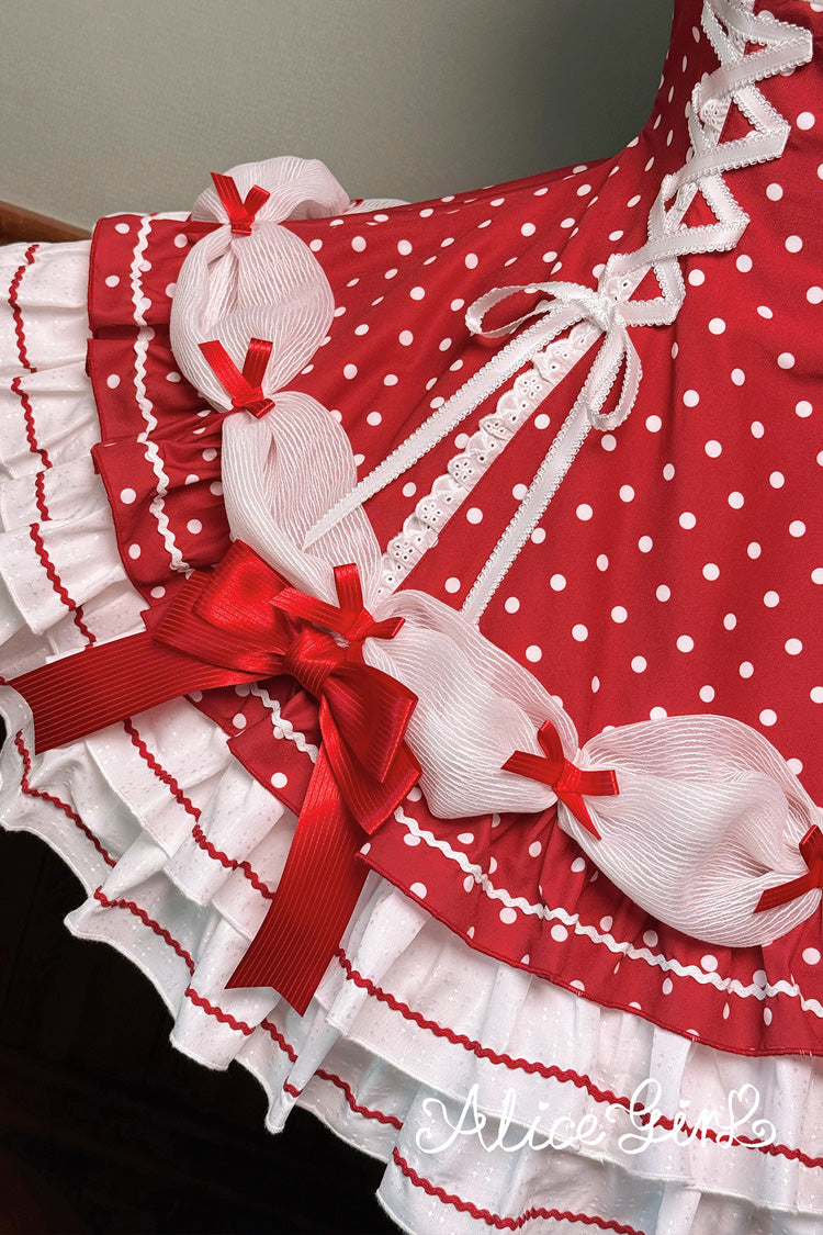 Wine Red Halterneck Short Sleeve Triple-Layered Polka Dot Bow Lace-Up Sweet Dress