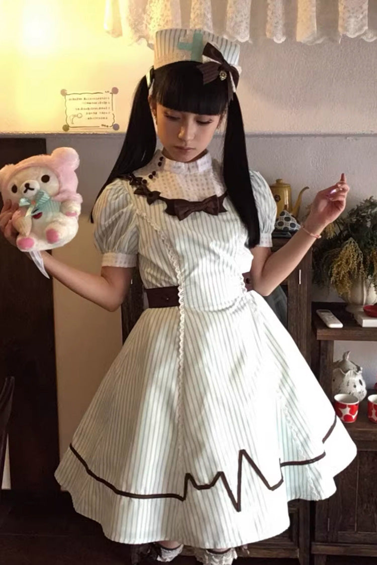 Green Striped Bow Nurse Lolita Stand-Collar