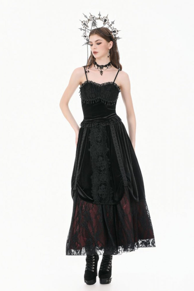 Gothic Vintage Velvet Black Lace Mesh Bustier with Beaded Tassel Drops