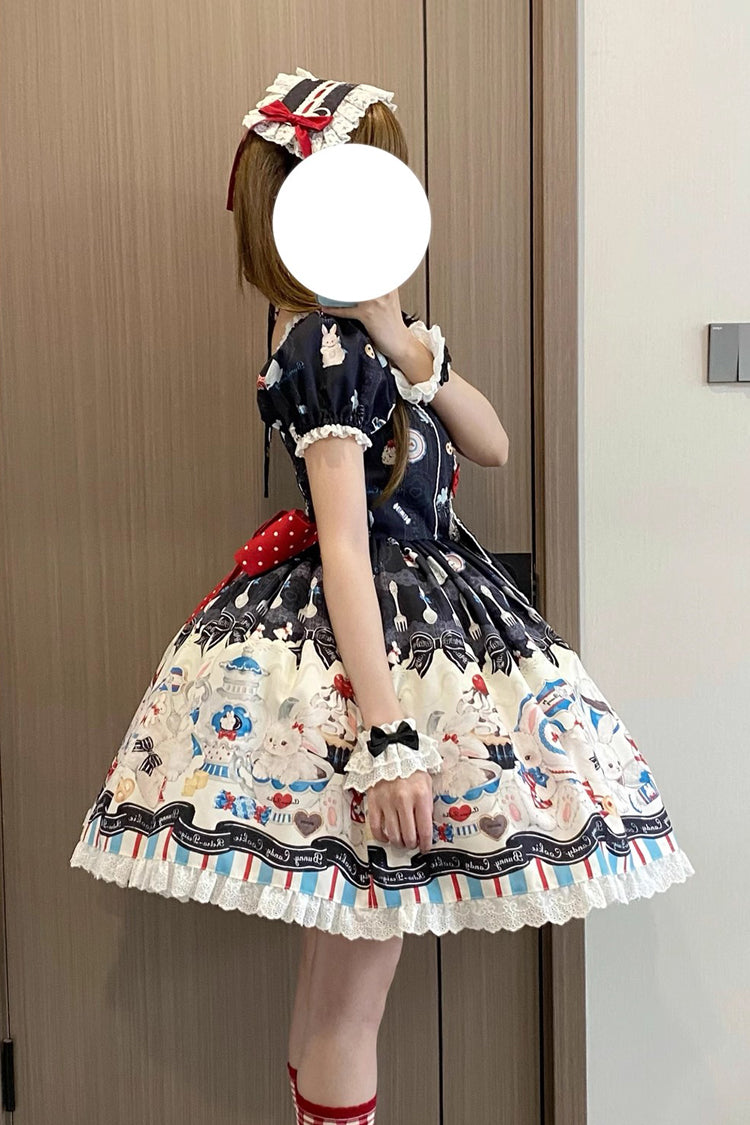 Square Collar Short Sleeve Print Ruffle Sweet Lolita Dress Black