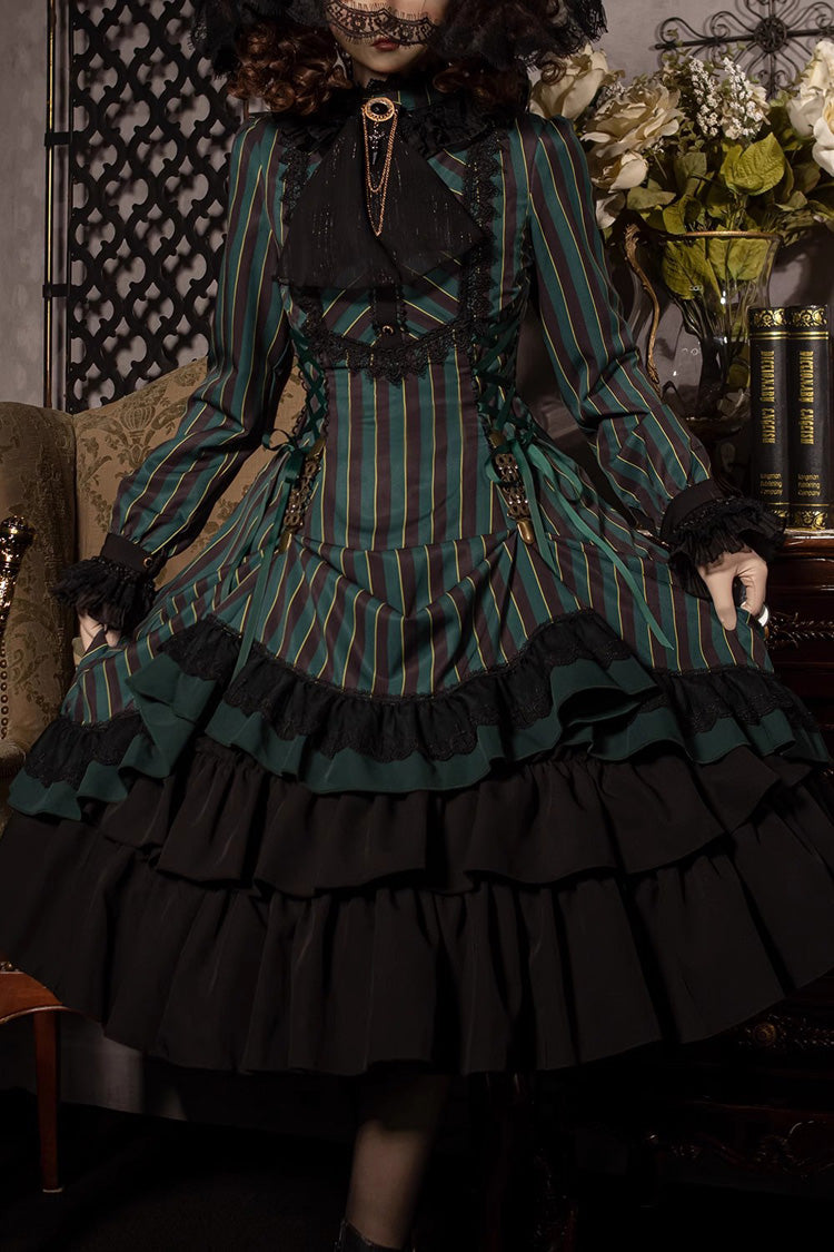 Point Manor Stand Collar Long Sleeves Multi Layer Striped Printed Ruffle Gothic Lolita Dress