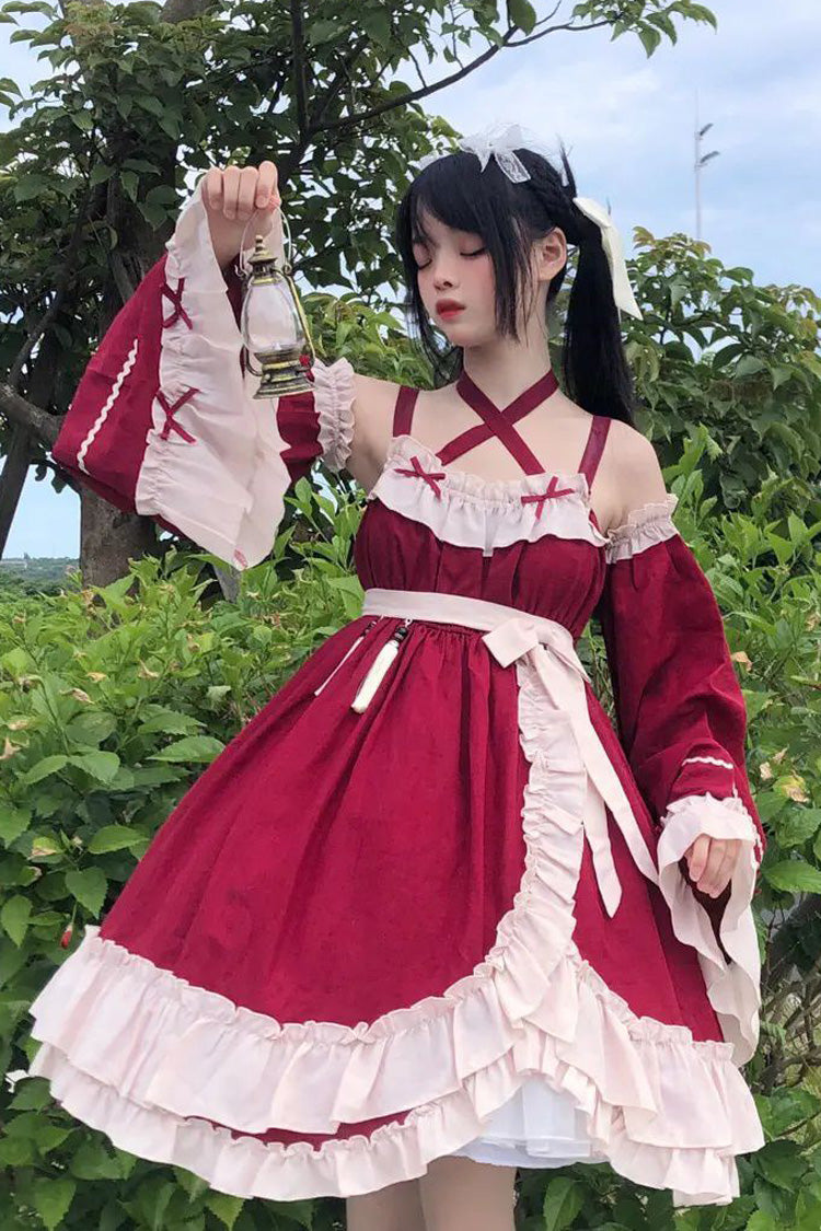 Sleeveless High Waist Ruffle Bow Asymmetric Gothic Lolita Jumper Dress - Red