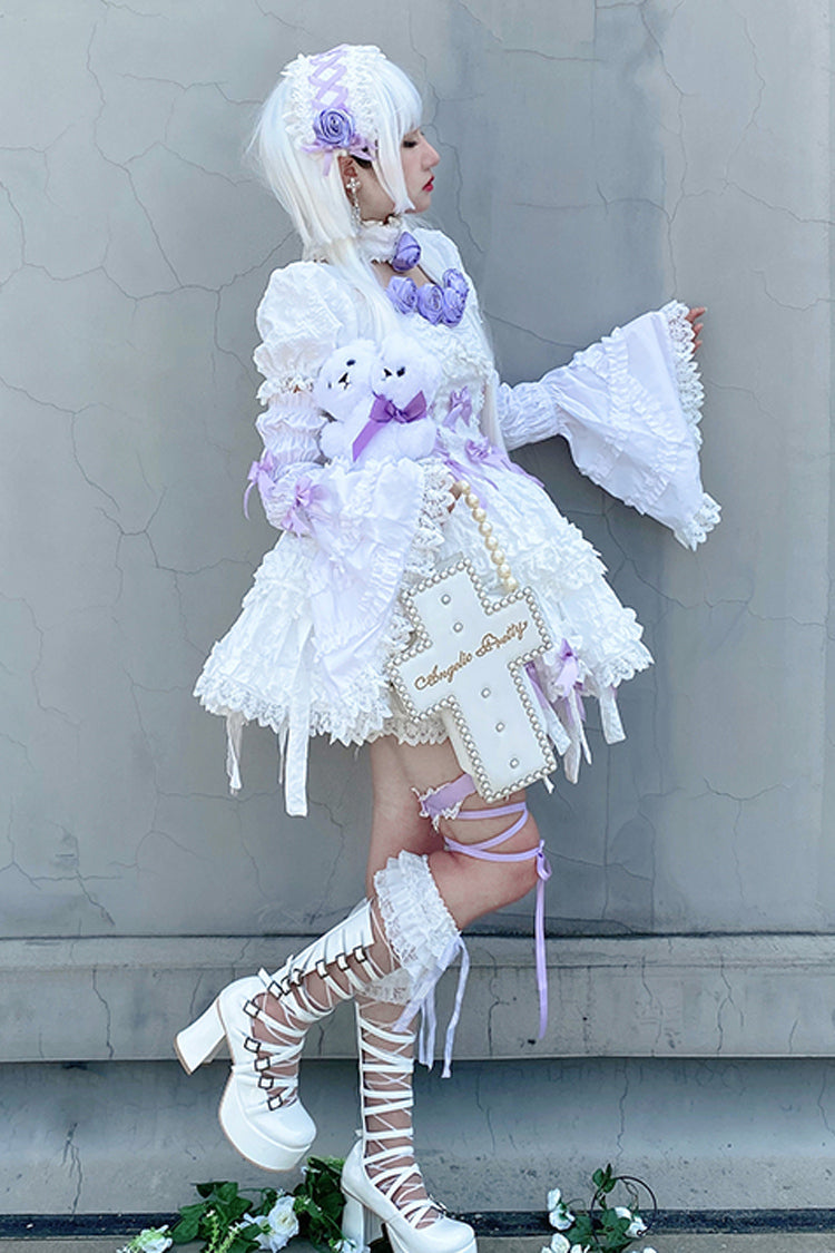 Ivory and Purple Puffed Short Sleeve Princess Gothic Lolita Tiered Dress