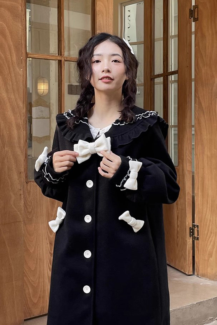 Doll-Collar Long-Sleeve Bow Princess Coat in Black