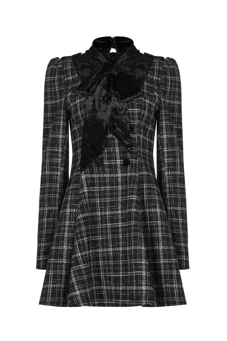 Checked Wool Velvet Bow Detail V-Neck Tie Punk Dress