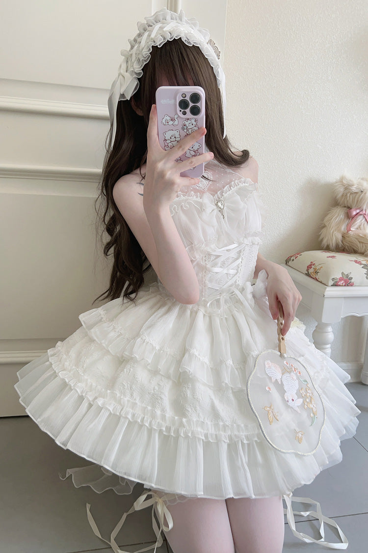 White Sweet Lolita JSK Halterneck Triple Layered Bowknot Lace