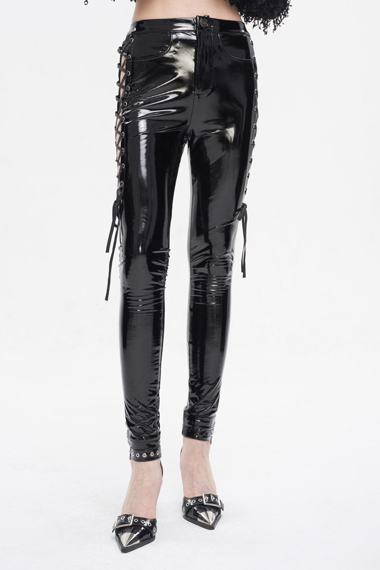 Vinyl Side Cutout Lace-Up Punk Pants for Women