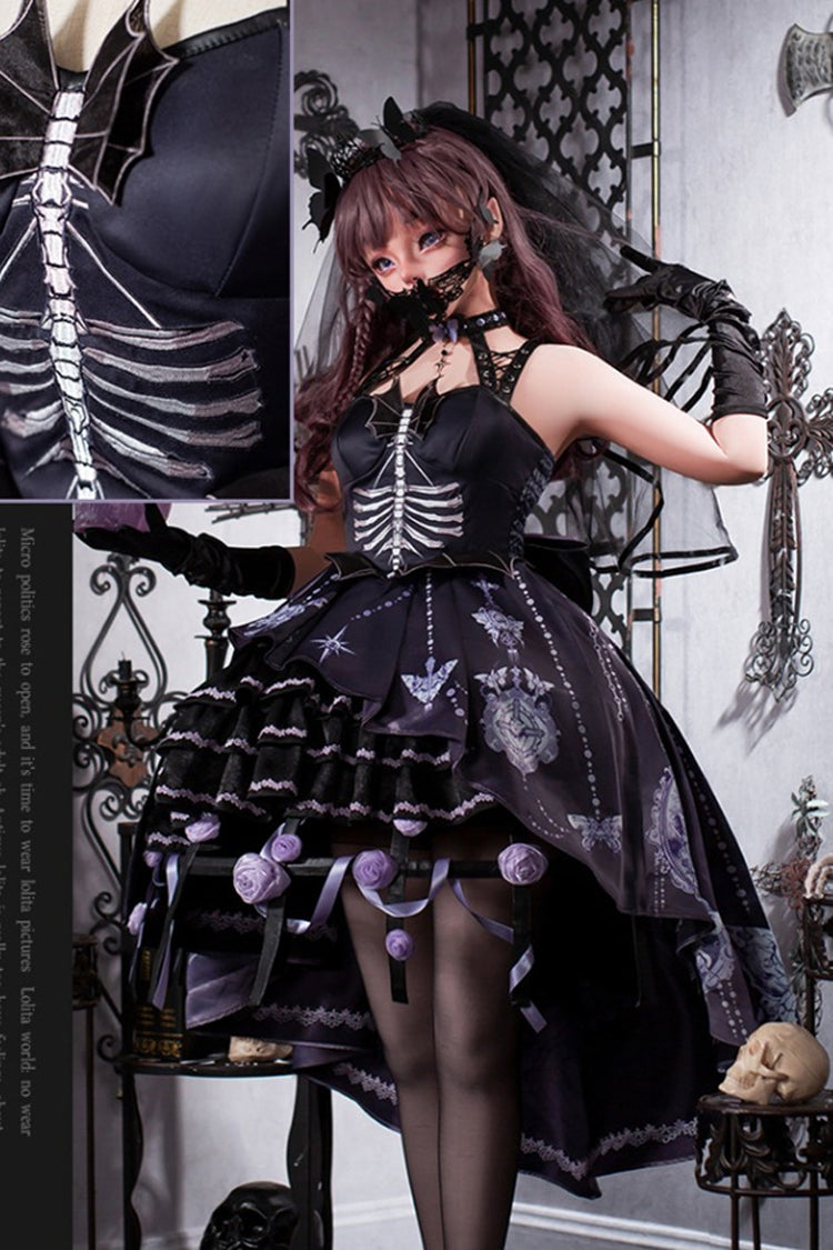 Black Feast of Bones Halterneck Multi-Layered Ruffled Lace Gothic Elegant JSK