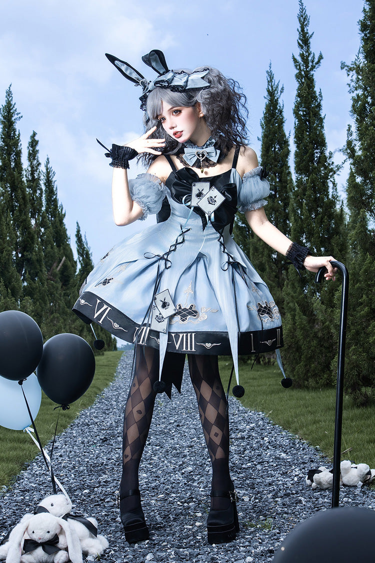 Blue Sleeveless Gothic Lolita JSK Dress Jacquard Ruffled Lace-Up - The Clock Rabbit's Card Game