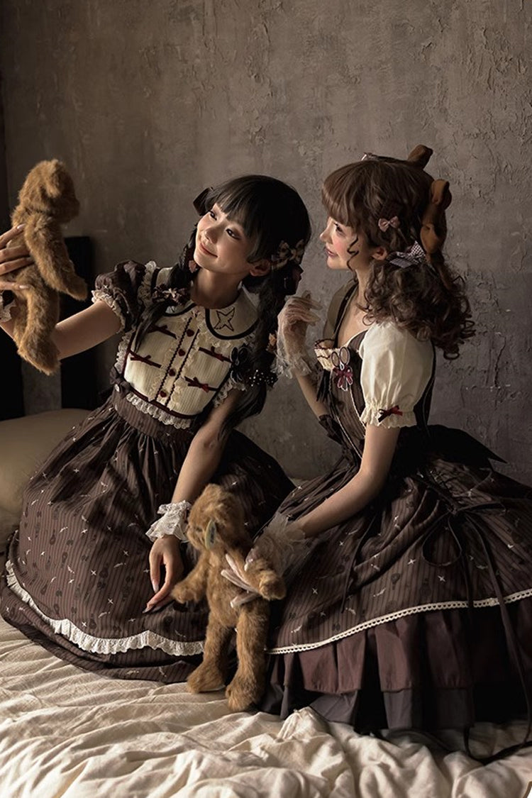 Brown Print Bow Sweet Elegant Princess Dress Long - Hot Air Balloon