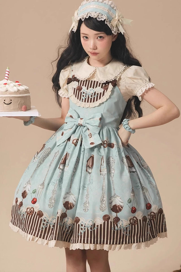 Sleeveless Print Bowknot Sweet Plus Size Lolita Jsk Blue Green