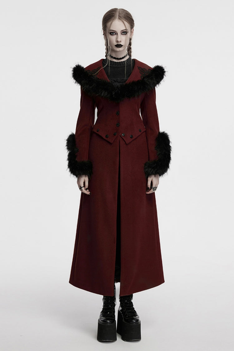 Crimson Faux Fur Lace-Up Detachable Gothic Coat