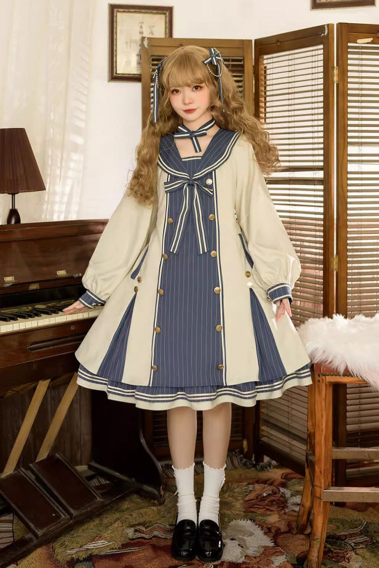 Navy Collar Long Sleeve Print Ruffle Sweet Plus Size Lolita Dress Blue Apricot