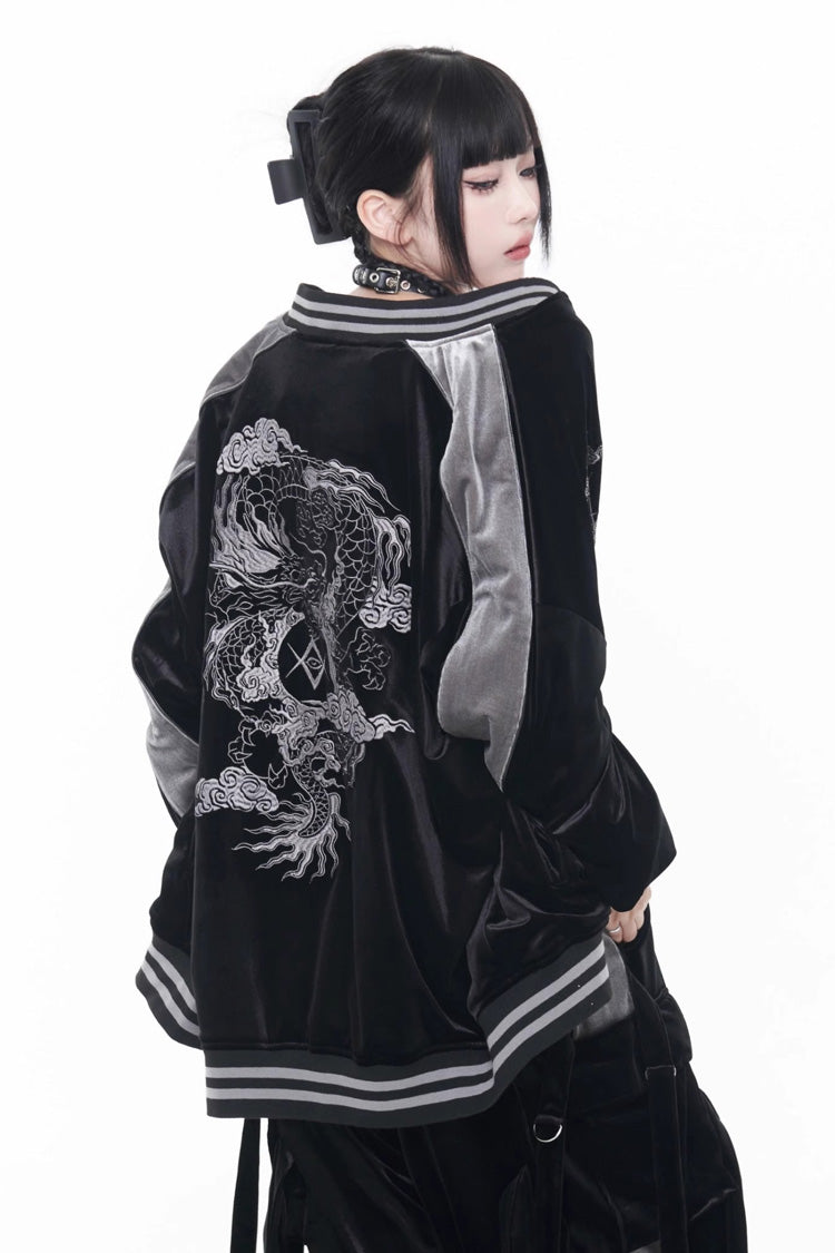 Black Long Sleeve Print Embroidery Gothic Jirai Kei Chinese Style Japanese Jacket