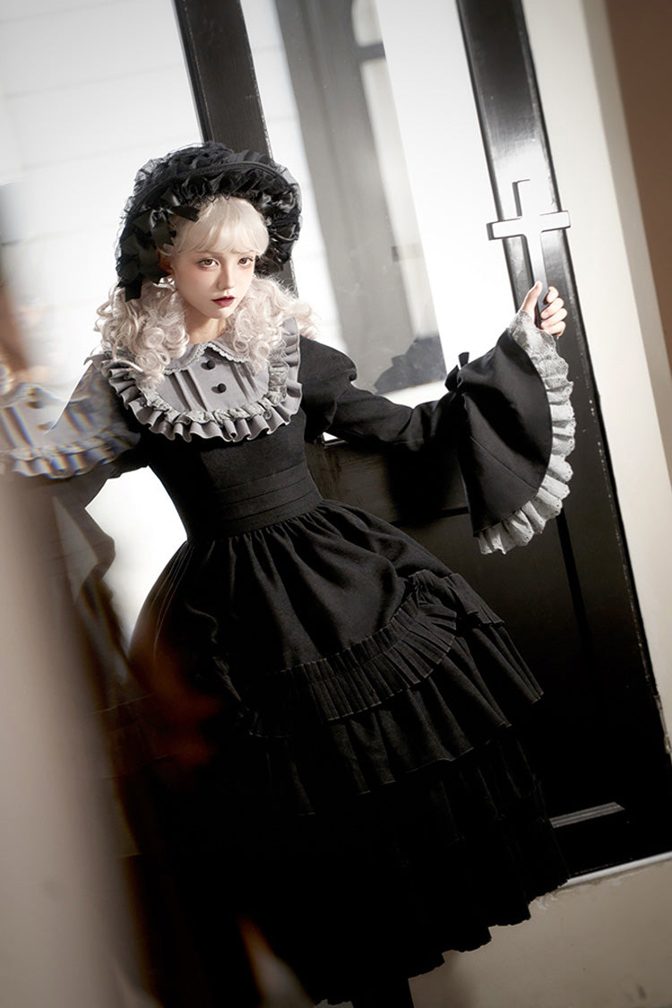 Long Hime-Sleeve Ruffled Bow Gothic Dress in Black