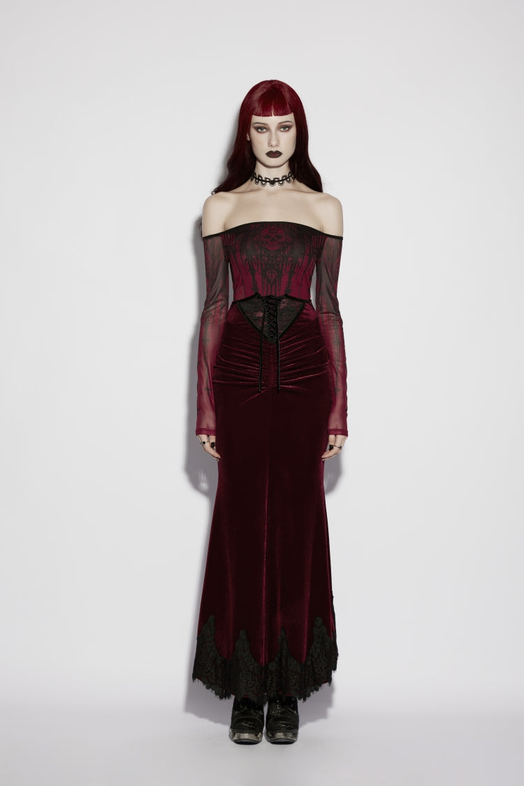 Scarlet Lace Velvet Pleated Gothic Mermaid Skirt