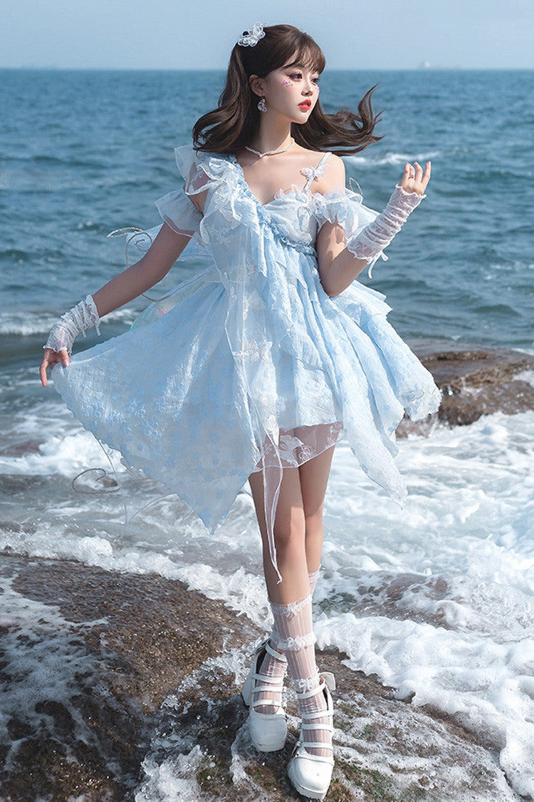 Blue Summer Bubbles Sleeveless Ruffle Embroidered Lace Irregular Short Jsk Dress