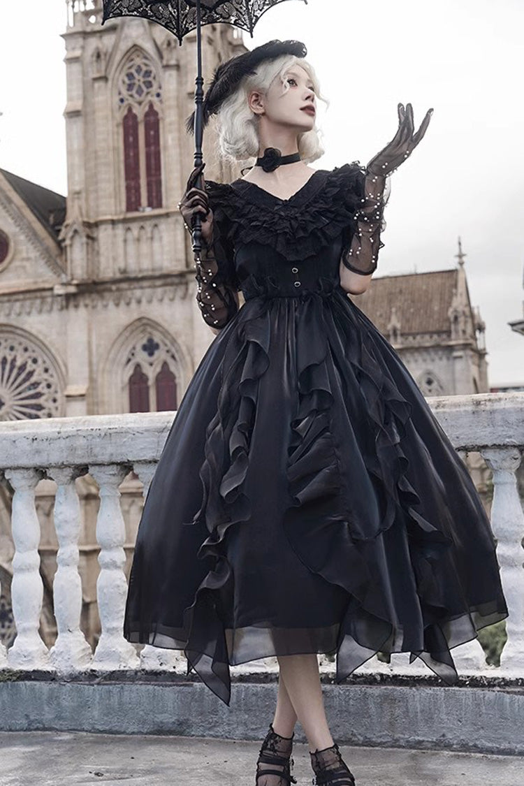 Lace-Trim Puff-Sleeve Gothic Lolita Dress