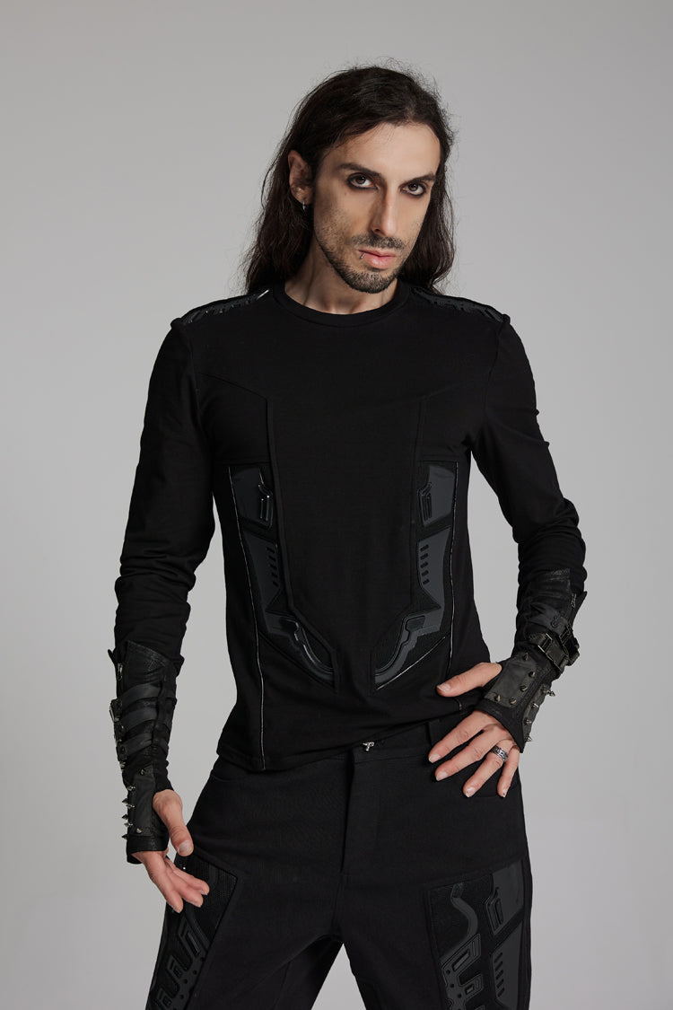 Obsidian Crewneck Long-Sleeve 3D Armor Patch Punk Tee for Men