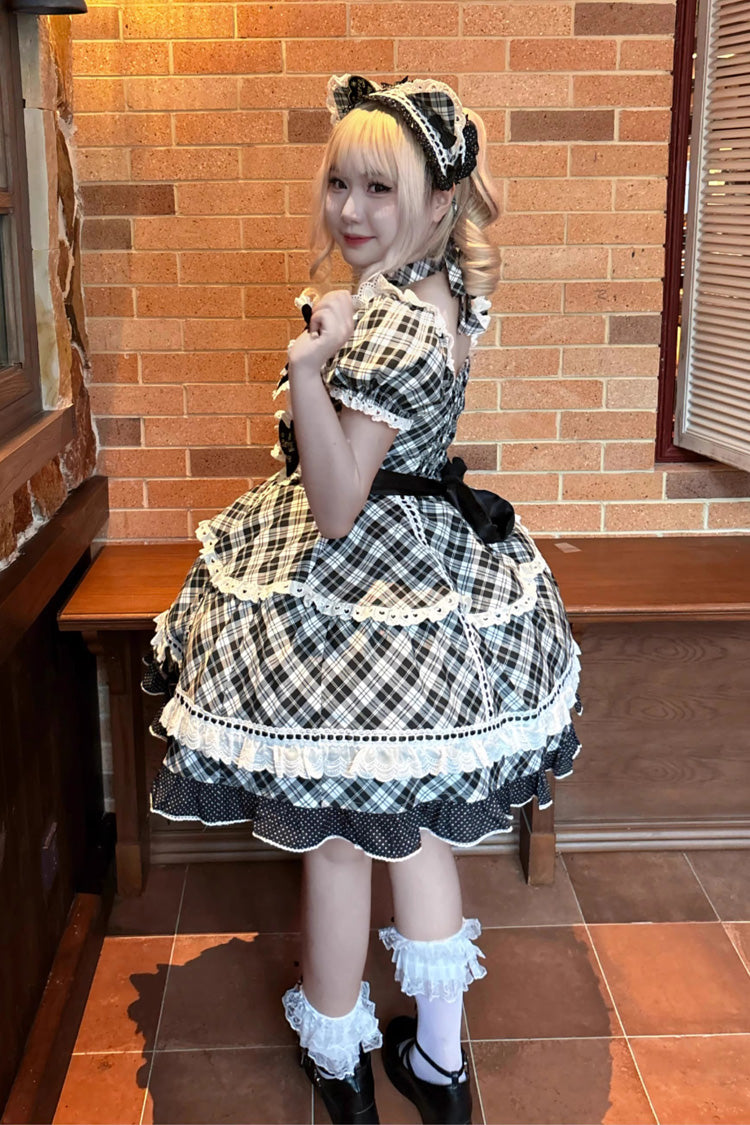 Sweet Lolita OP Dress with Plaid Print and Ruffle Bow Knot