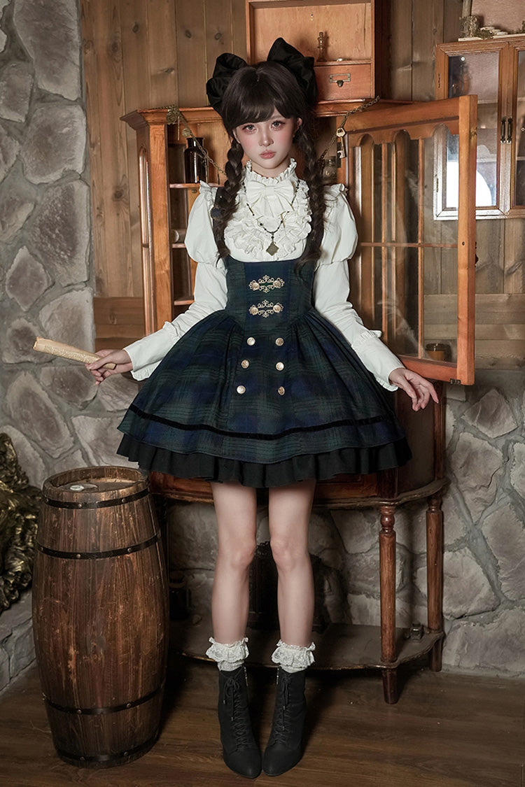 Blue Green Berlin Letter Double-Layered Plaid Print Ruffle Bowknot Classic College Style Lolita Strap Dress Set