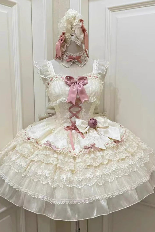 Apricot Rose Canticle Sleeveless Multi-Layered Bowknot Lace Lace-Up Pearl Ballet Sweet Lolita Jsk Dress