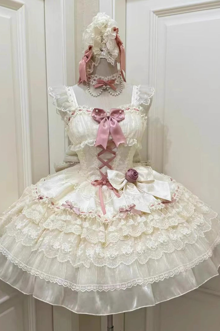 Apricot Sweet Lolita JSK Dress with Multi-Layer Bowknot Lace-Up and Pearl Ballet Details