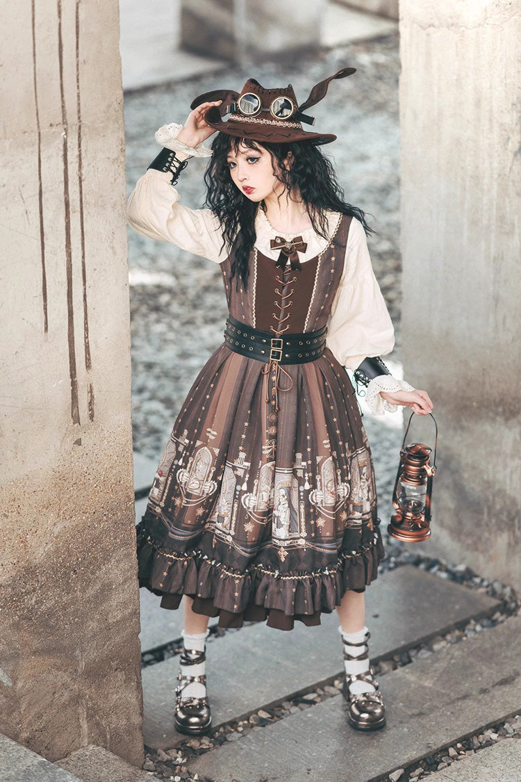 Lantern-Sleeved Lolita Dress with Ruffled Demon Print