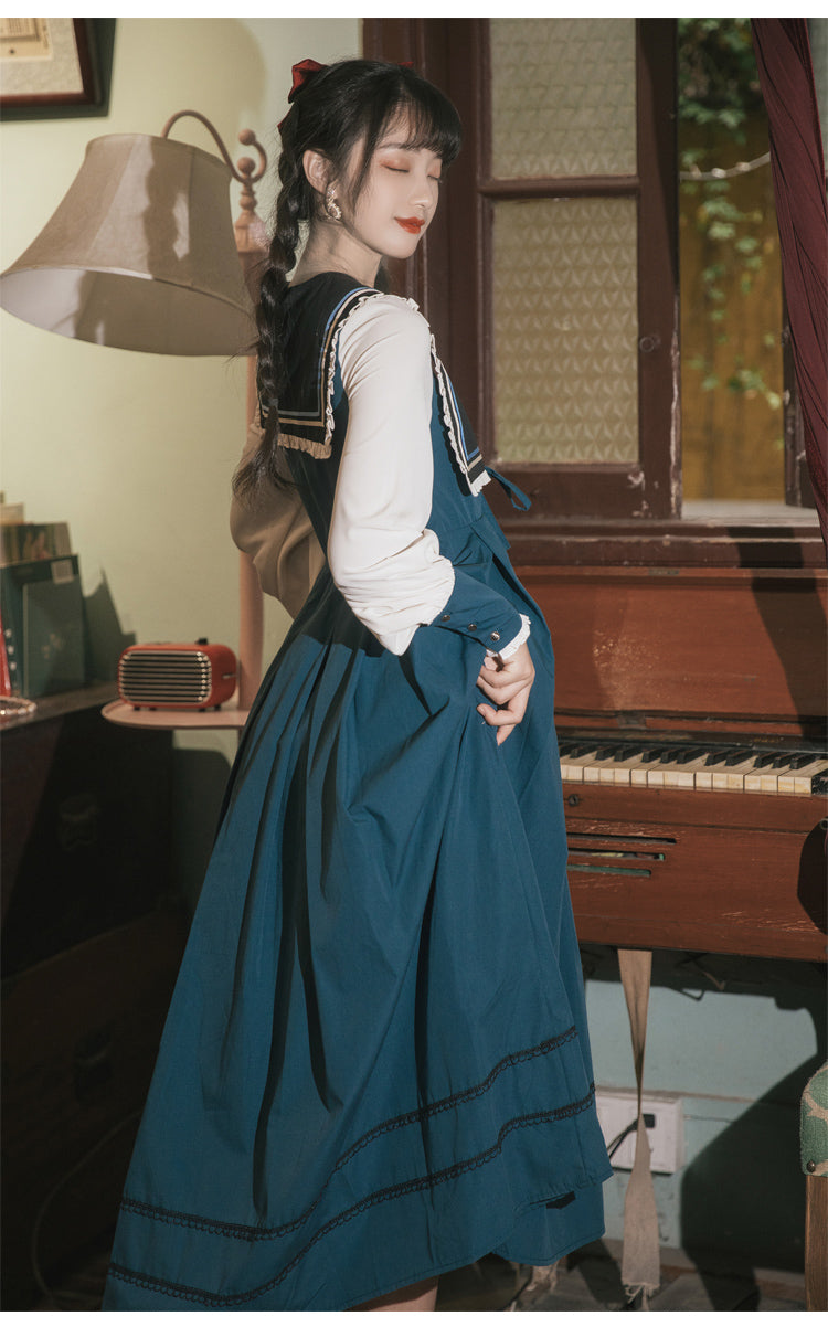 Multicolor Retro Sweet Lolita OP Dress with Long Lantern Sleeves and Embroidery - Altfashion Shop