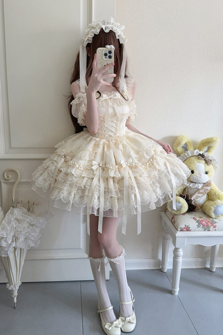 Apricot Princess Ballet Lolita JSK Dress with Multi-Layer Ruffles Bowknot Lace-Up Design
