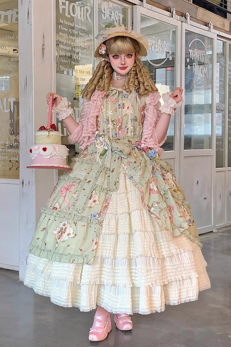 Green Short Sleeve Print Ruffle Cardigan Daily Sweet Dress