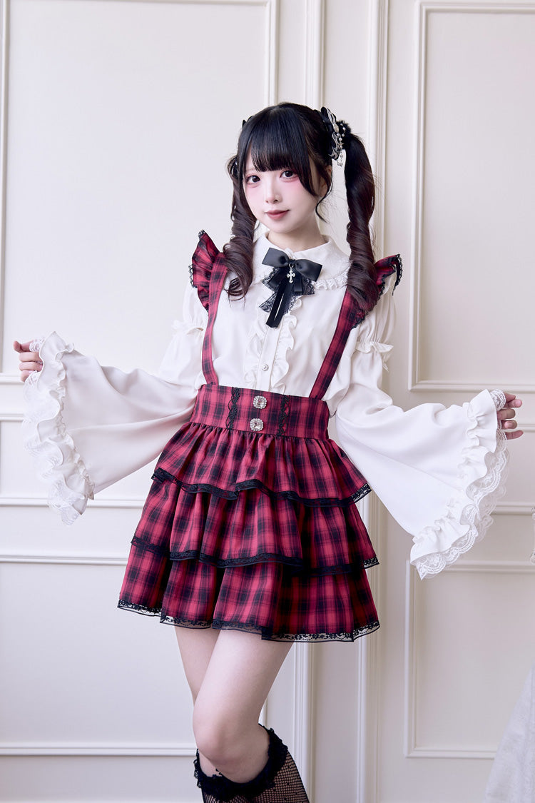 Triple-Layered Plaid Frilly Gothic Jirai Kei Strap Dress - Red