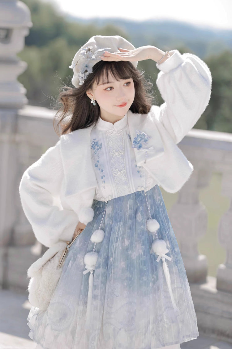 White Blue Printed Chinese Style JSK Set - Sweet Lolita Dress