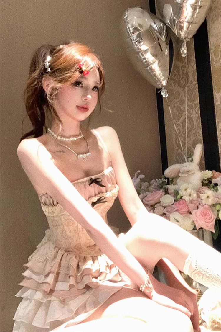 Apricot Multi-Layer Printed Embroidered Bow Sweet Vintage Lolita Skirt