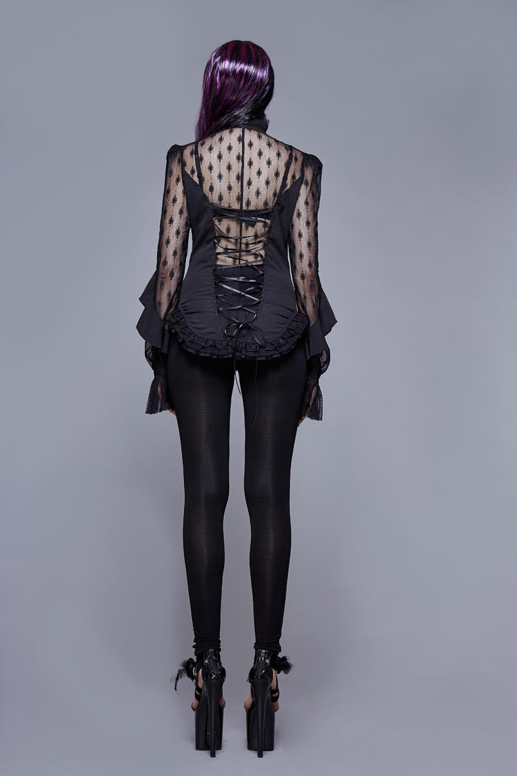 Gothic Blouse with High Collar Beaded Flowers Lace Cuffs Back Lace-Up