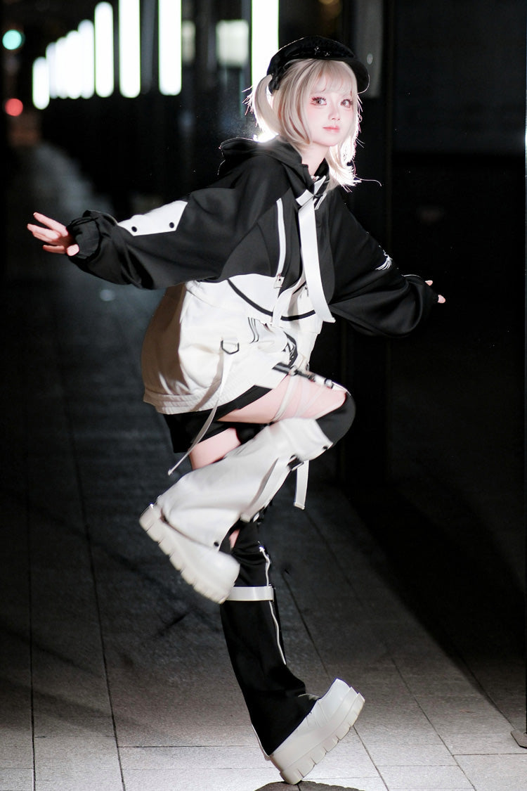 Black/White Zero-Type Transformation Techwear Long Sleeves Embroidered Hooded Punk Jirai Kei Shorts Coat Set