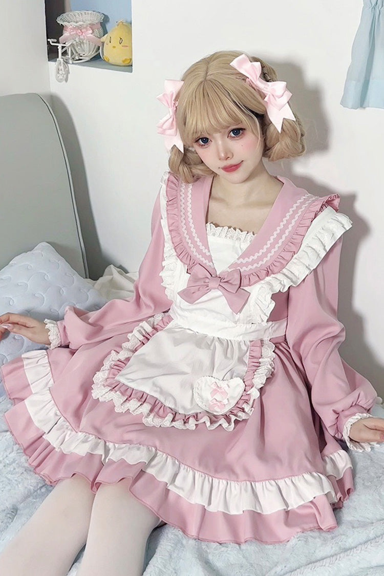 Pink Maid Long-Sleeved Ruffle Bow Sweet College Lolita Dress 2 Colors