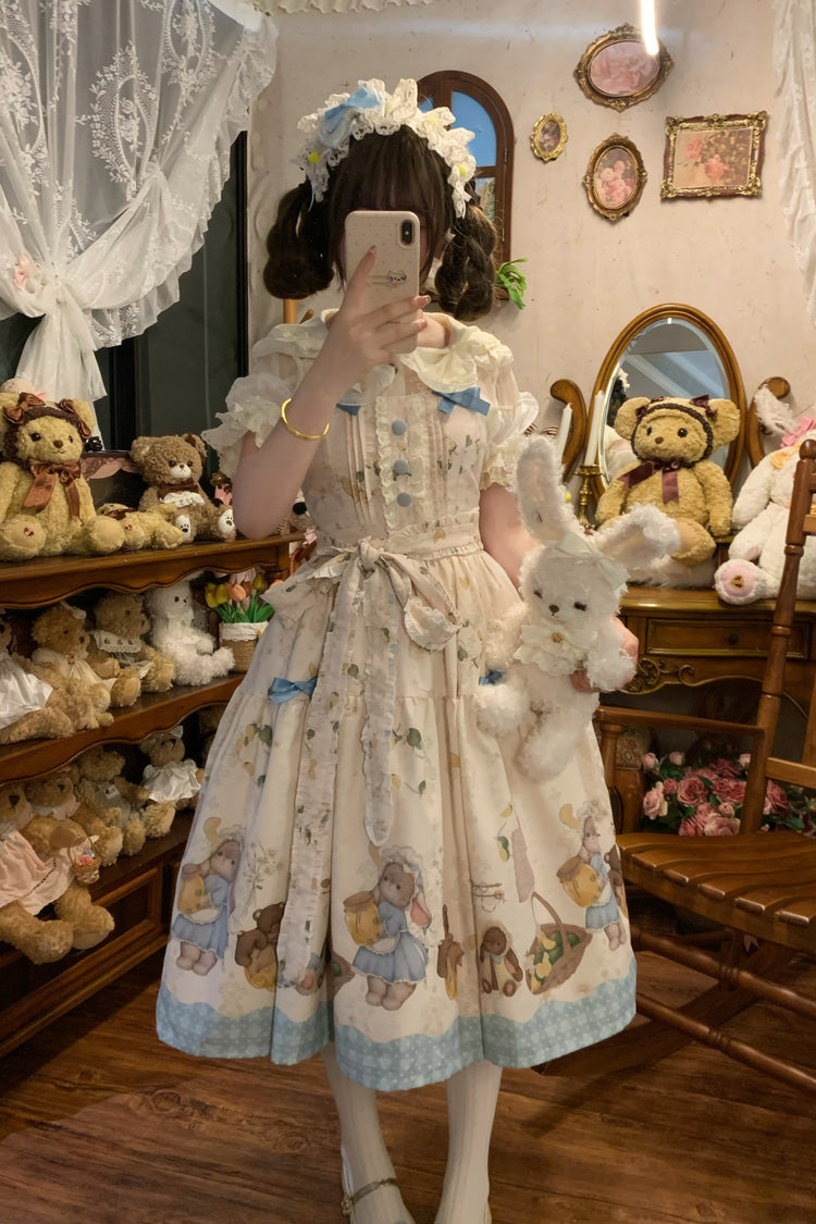 Cream Midsummer Bunny Bear Printed Bow Frilled Sweet Lolita Dress Two Variants