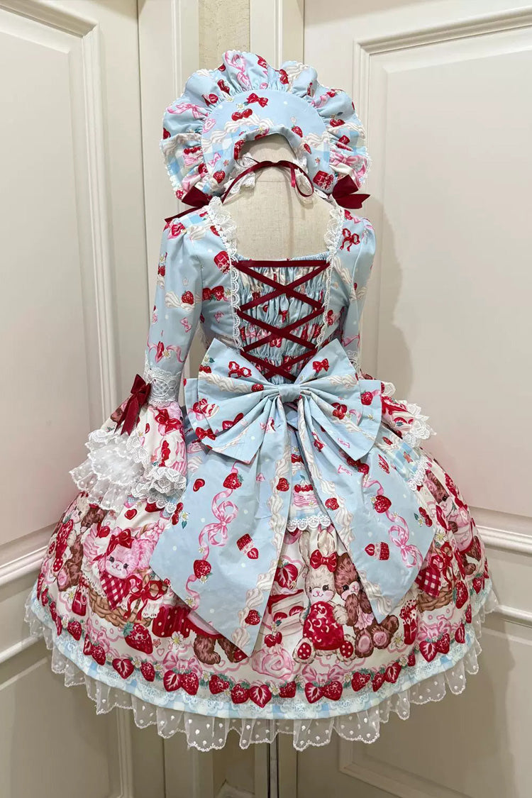 Blue/Red Sweet Lolita OP Dress Half Sleeves Bow Lace Lace-Up - Sweet Berry Bunny Bear